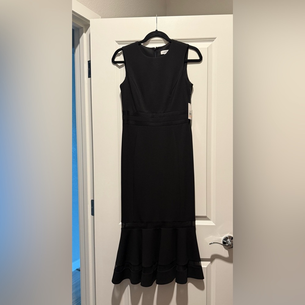 Calvin Klein Black Ruffled Sheath Midi Dress
